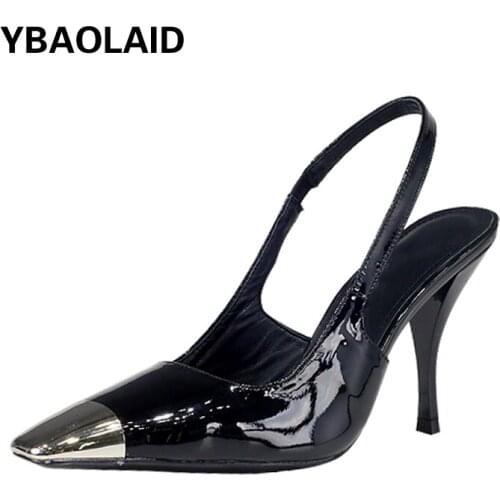 Summer New Style Black Patent Leather Iron Square Toe Elastic Stiletto Heels Solid Color Back Strap Side Empty Toe Cap Sandals