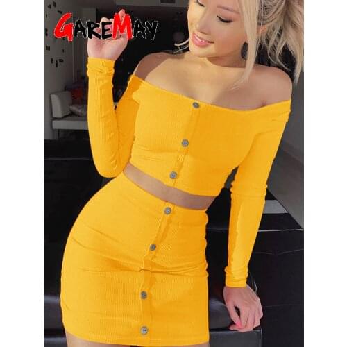Sexy Off Shoulder Two Piece Set Solid Button Bodycon 2 Piece Set Women Long Sleeve Top And Skirt Summer Autumn Sets shorts set