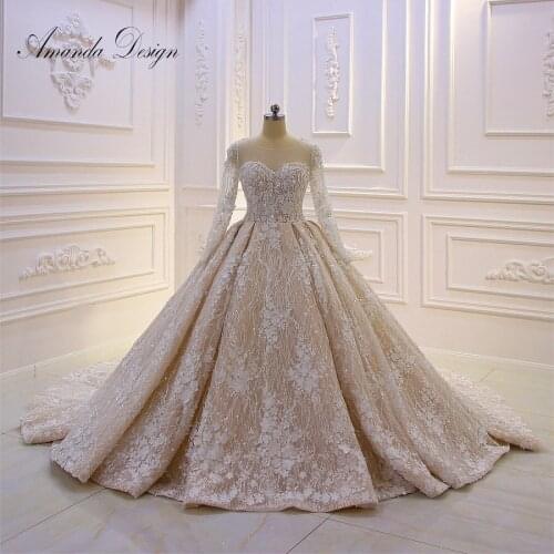 Amanda Design Wedding Dress Long Sleeves Lace Applique 3D flowers Champagne Luxury Wedding Dress