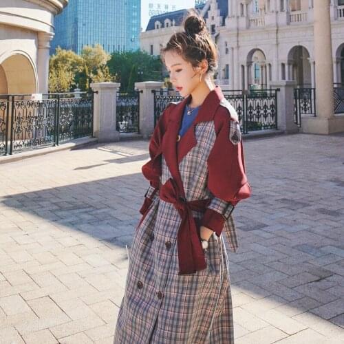 Vogue England Style Long Trench Coat Women Double-Breasted Plaid Patchwork Duster Coat for Lady Spring Autumn Outerwear Cloak