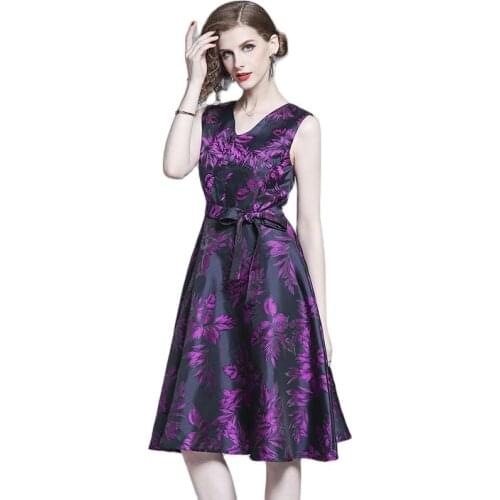 BunniesFairy Autumn Winter Hepburn Vintage Gorgeous Purple Flower Print Floral Jacquard Dress Bow Sash Party Vestidos De Festa