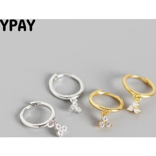 YPAY 100% Pure 925 Sterling Silver Hoop Earrings for Women INS Three Shiny Zircon Earring Fine Jewelry Christmas Gifts YME587
