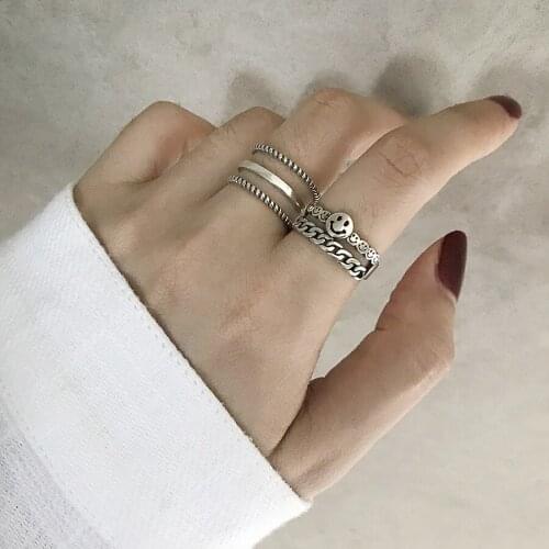 925 Sterling Silver Rings For Women Opening Adjustable Smiley Thread Retro Design Korean Simple Fashion Wedding Jewelry INEFFA