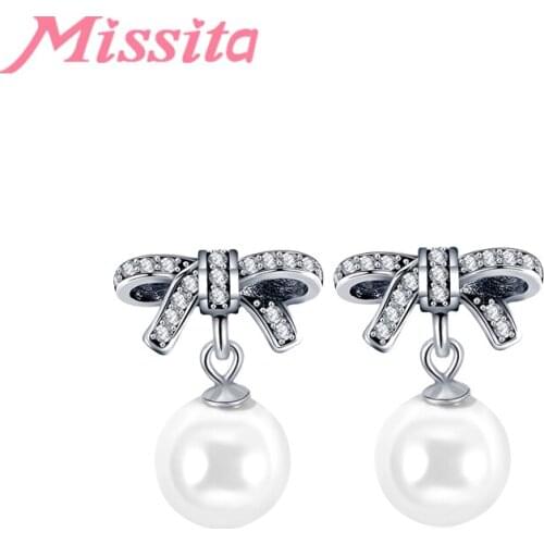 MISSITA 2019 New Bowknot Pearl Earrings for Women Silver Color Jewelry Brand Wedding Stud Earrings HOT SELL Gift