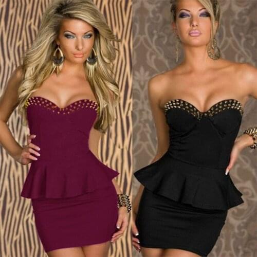 Women Summer Off-shoulder Strapless Rivet Mini Dress Office OL Peplum Dress Mini Sexy Bodycon Party Dresses Clubwear Vestidos