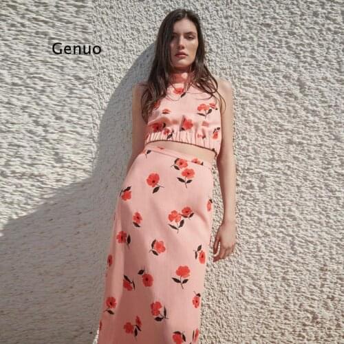 Women Summer Beach Print Halterneck Design Casual Short Skirt Set Tank Top Backless Dresses High Waist Bag Hip Midi A-Line Skirt