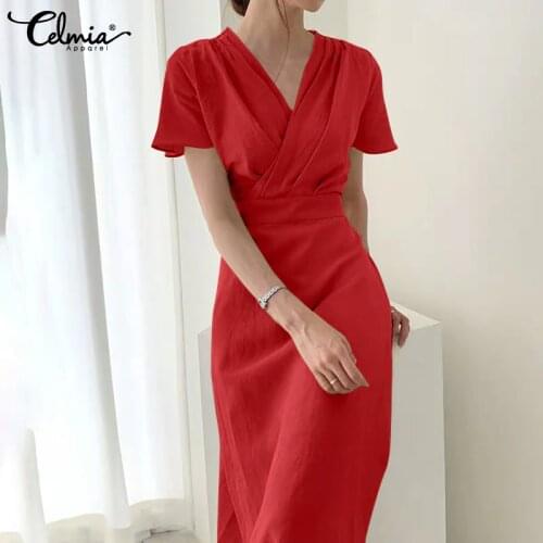 2021 New Celmia Elegant Women Dress Summer High Waist Bandage Ruffled Short Sleeve Midi Vestidos Casual Solid V-neck Party Dress