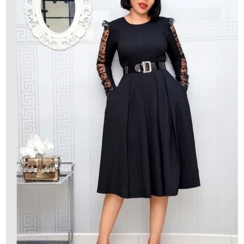 African Clothes For Elegant Women Robe Party Dress Polka Dot Mesh Sleeves Black Red Lady Office Dress Work Wear Modest Vestidos