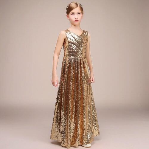 Gold Sequins long v neck dress Girl Party Dress 2021 new Design Ballroom Dress Performance dress Evening Dress Baby Girl Clothes