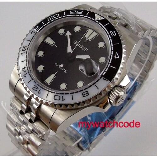 40mm Bliger black and white dial date window stainless steel strap automatic movement mens watch Relogio Masculino