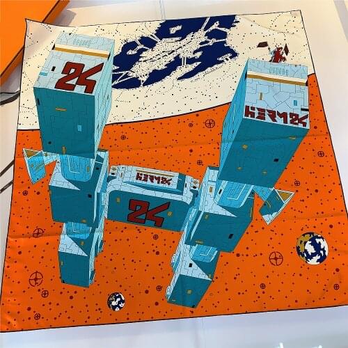 90cm Space Station Print Brand Hijab Scarf Women Bandana Handmade Curled Twill Silk Square Scarf Luxury Foulard Head Scarf Shawl