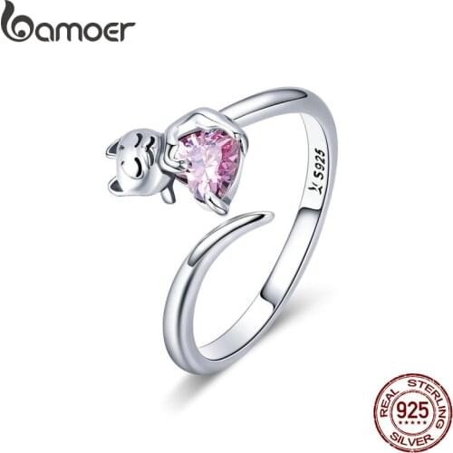 BAMOER Authentic 925 Sterling Silver Adorable Cat Pink CZ Adjustable Finger Rings for Women Sterling Silver Ring Jewelry SCR446