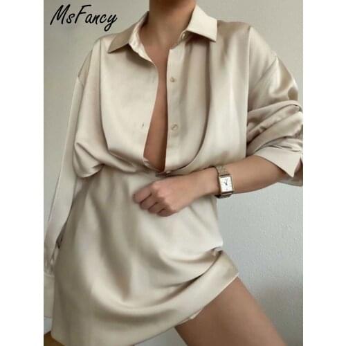 Msfancy Summer 2 Pieces Skirt Set Women 2021 Satin Long Sleeve Loose Shirt A-line Mini Skirt Elegant Conjuntos De Vestido