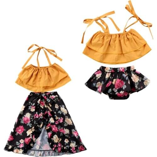 Family Sister Matching Outfits Summer Outfits Off shoulder Strap Crop Tops Floral Tutu Baby Bloomers Shorts Skirt 2PCS Set