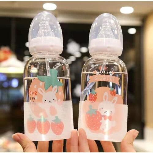 Cute Pacifier Glass Water Bottle With Straw Creative Personality Adult Baby Nipple Bottle Portable Cup Water Bottles For Girls