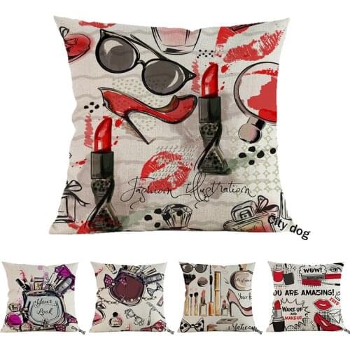 Painting fashion red lipstick shoes glasses perfume pattern linen Home Decorative Sofa Pillow Case Decoration Cushion Cover