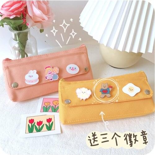 Kinbor Pencil Case Set With 3 Cute Badge Gift Large Capacity Ins Supplies Stationery Gift Tools Storage Back To School