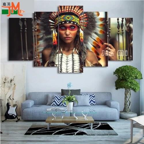 Diamond Painting Tribal Warrior Girl Feather Artwork Portrait Square Round Home Decor Diamond Embroidery Cross Stitch 5 Panel