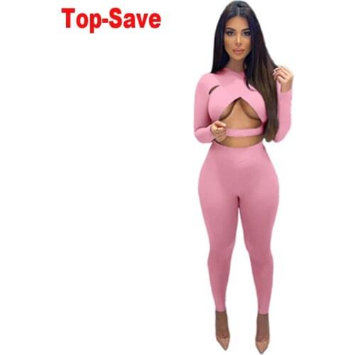 Vacation Outfits Clubwear 2 Piece Set Women Festival Clothing Solid Sexy Cross Hollow Sports Tracksuit Women Sets Pencil Pants
