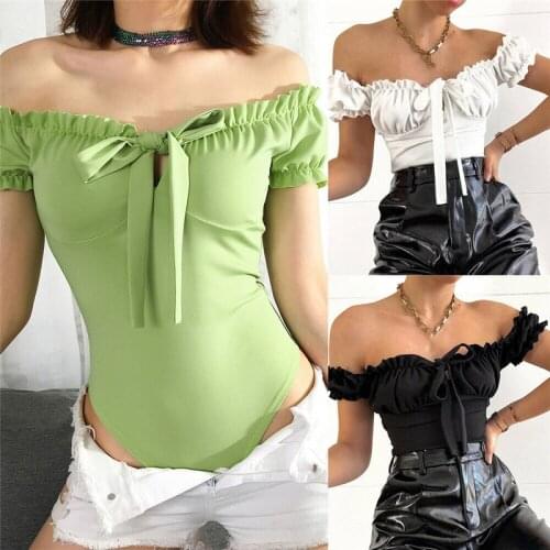 2019 New Solid Off Shoulder Bodysuit Women Sexy Short Sleeve Bodycon Jumpsuit Playsuit Petal Collar Ladies Summer Elegant Tops