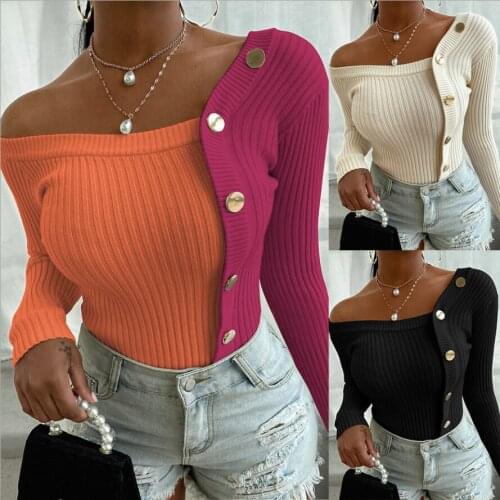 Casual Womens Sweater Patchwork Autumn Pullover Womens Top Button Long Sleeve 2021 Twill Collar Knit New Style Spliced Top