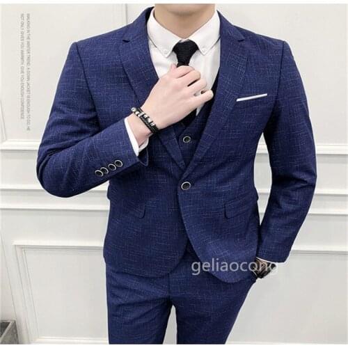 Blue/Black Plaid Notch Lapel Groom Tuxedos 3 Pieces Groomsmen Wears for Wedding Men Business Suits Set Prom/Dinner/Business