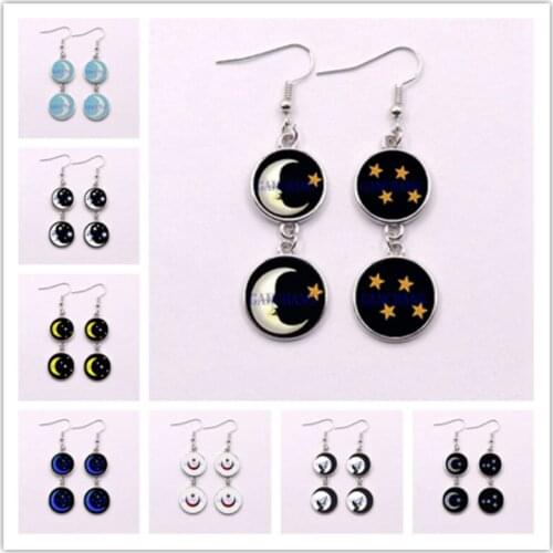 2020 New Fashion Moon and Star Glass Earrings steampunk crescent Moon Jewelry Glass Cabochon Photo Earring