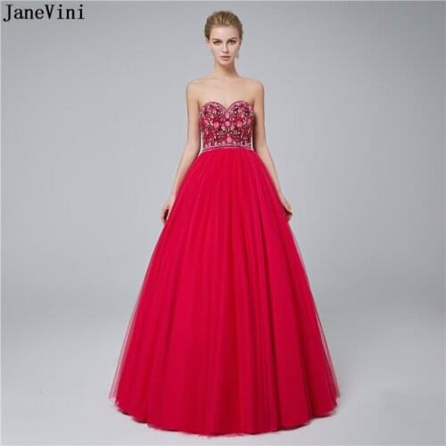 JaneVini Vintage Ball Gown Long Bridesmaid Dresses Sweetheart Embroidery Flower Pattern Beaded Princess Fuchsia Tulle Prom Gowns