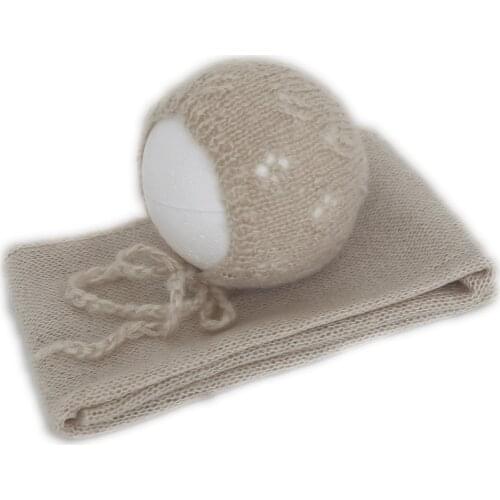 Vintage Baby Pink Stretch Wrap Bonnet Set Knit Angora Wrap and Hat Set For Photography Props Crochet Lace Newborn Bonnet Photo