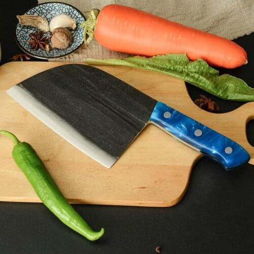 XYj Butcher Cooking Serbian Knife Blue Plastic Handle Full Tang Cleaver Chopping Knife Sheath Cover Survival Camping Hiking Tool