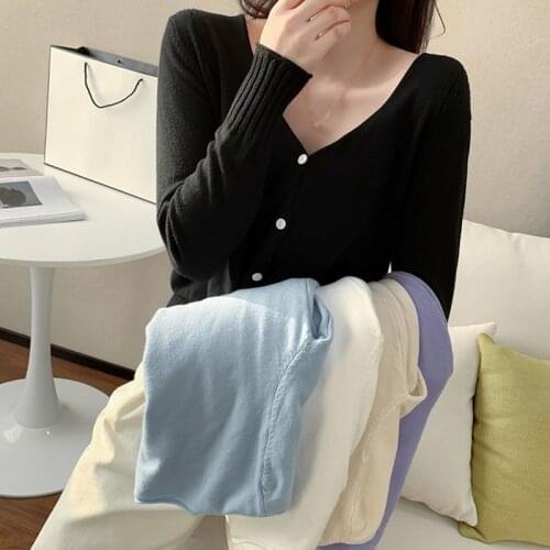 Womens Solid V-Neck Tshirt Casual Long Sleeve Button Up Knitted Cardigan Tee Shirt Tops