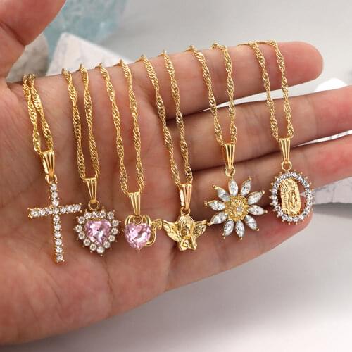 Flatfoosie Multi-layer Heart Flowers Crystal Pendant Necklace for Women Golden Cross Portrait Long Chain Necklaces Boho Jewelry
