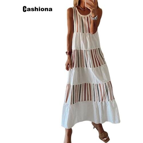 Cashiona Women Vintage 2021 Long Dress V-neck Sleeveless Latest Patchwork Striped Party Dresses Summer Femme Loose A-Line Dress