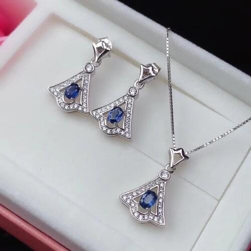100% Blue Sapphire Jewelry Set for Party 3mm*4mm Natural Sapphire Earrings Pendant 925 Silver Sapphire Jewelry Gift for Woman