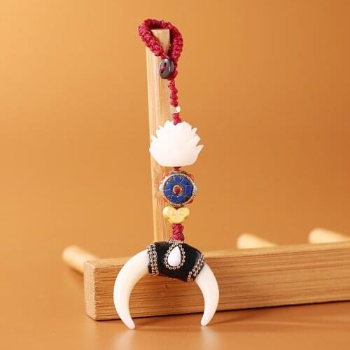 Boho Double Ox Horn Crescent Moon Pendant Keychain Nepal Tribal Jewelry Lotus Key Holder Keyring Bag Charm Car Hanging Jewelry