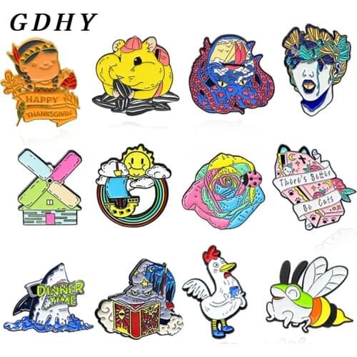 GDHY Animal Brooch Rat Mouse Octopus Chicken Shark Frog Butterfly Rose Rainbow Enamel Pin Happy Thanksgivin Badge Jewelry Broche