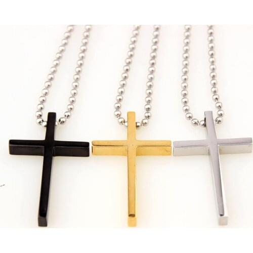 New Arrive Stainless Steel Polished Smooth Christian Cross Mens Boys Daily Jewelry Pendant Necklace Round Bead Link Chain 24