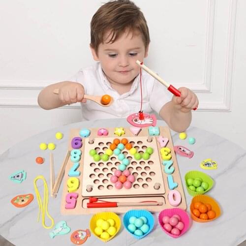 Kids Montessori Wooden Shape Sorting Hands Brain Training Clip Chopstick Beads Baby Early Educational Puzzle Board Math Game Toy