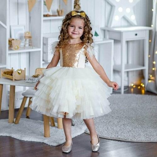 Toddler Infant Girl Birthday Dress Ivory Puffy Tulle Gold Sequined O Neck Princess Party Gown Flower Girl Dress 1-14Y Props