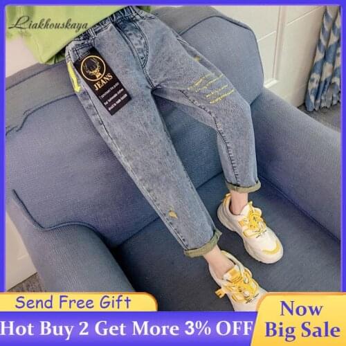 2020 Baby Girls Jeans Fashion Elastic Waist Hole Jeans Girls Letter Print Jeans Toddler Baby Stretch Jeans Girls Leisure Jeans