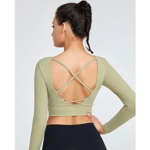 Sexy Back Cross Hollow Sports Long-Sleeve T Shirts Women Stretch Tight Running Quick-Drying Yoga Crop Top With Pad Autumn Winter