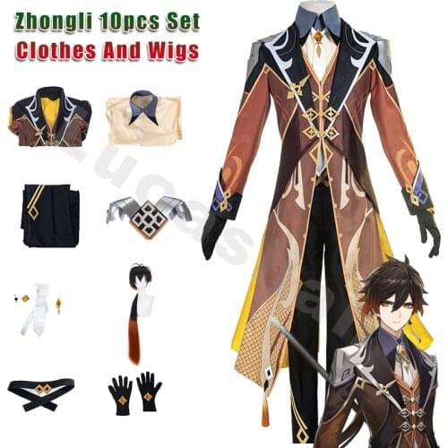 Genshin Impact Cosplay Zhongli Cosplay Costumes Jacket Pants Shirt Wig Man Woman Set Halloween Clothes Genshin Cosplay Costume