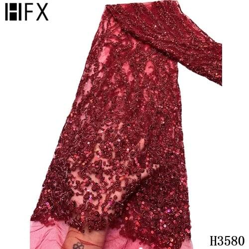 HFX Handmade Beads African Lace Fabric 2020 High Quality Nigerian Lace Red Embroidered Tulle Lace Fabric For Wedding Dress