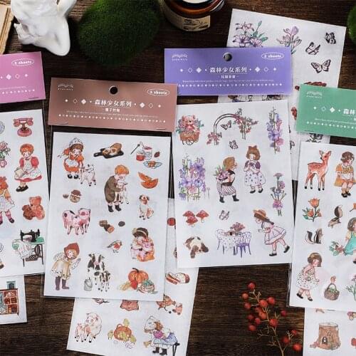 2pcs/Bag Cute Forest Girl Animal Oil Painting Decoration Sticker DIY Diary Scrapbook Stationery Sticker School Office Supplies