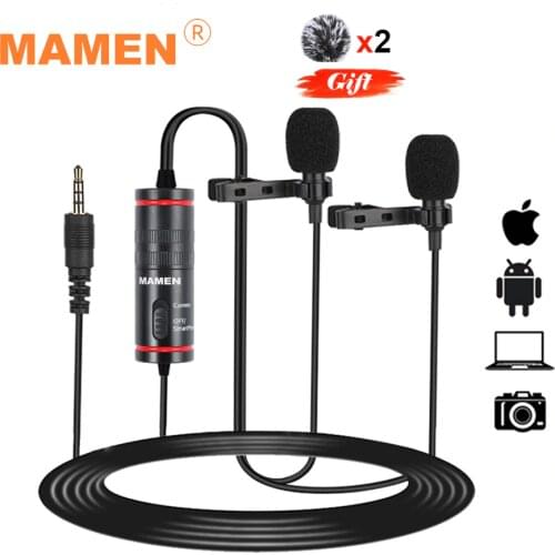 MAMEN 4.2M Dual-Head Lavalier Clip-on Lapel Microphone Condenser Vlog Mic Video Record Mikrofo/Microfon for smartPhone DSLR
