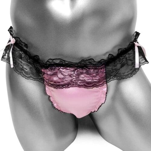 Ruffled Lace Sissy Thong Panties Shiny Satin Frilly Mens Penis Pouch Underwear G String Sexy Lingerie For Male Underpants