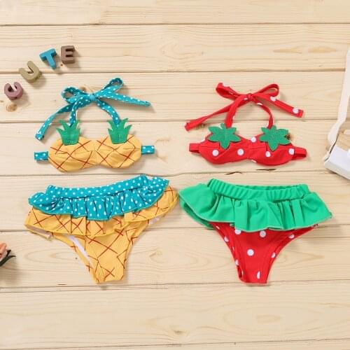 Lovely Newborn Baby Girls Bikini Sets Strawberry Pineapple Halter Top+Flouncing Shorts Two Piece Suits Swimwear for 0-18Months