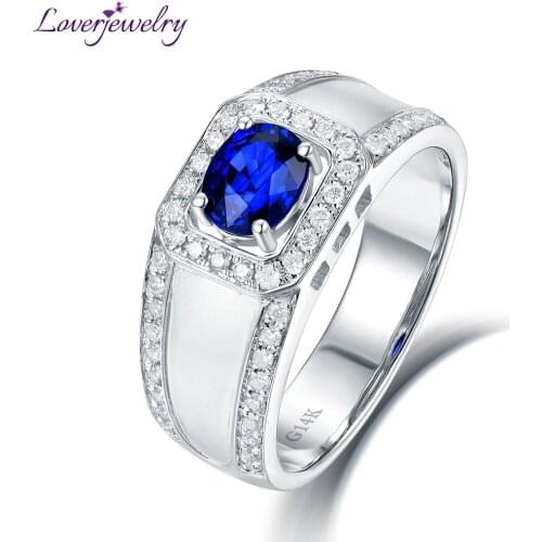 Fashion Mens Jewelry Natural Blue Sapphire Real 14K Solid White Gold Luxury Diamond for Dad Thanksgiving Day Loving Gift