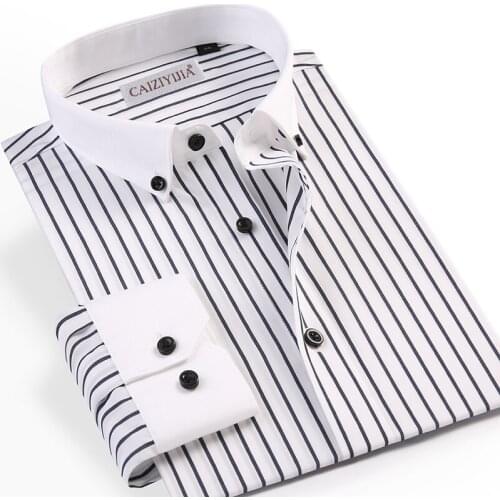 Mens Contrast Collar Vertical Striped Dress Shirt Pocketless Design Casual Long Sleeve Slim Button Down Cotton Shirts