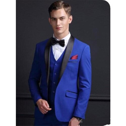 Mens Suits (Jacket+Pants+vest) New Arrival Royal Blue Groom Tuxedos Wedding Male Suits Slim Fit Custom Made Boy Friend Suit